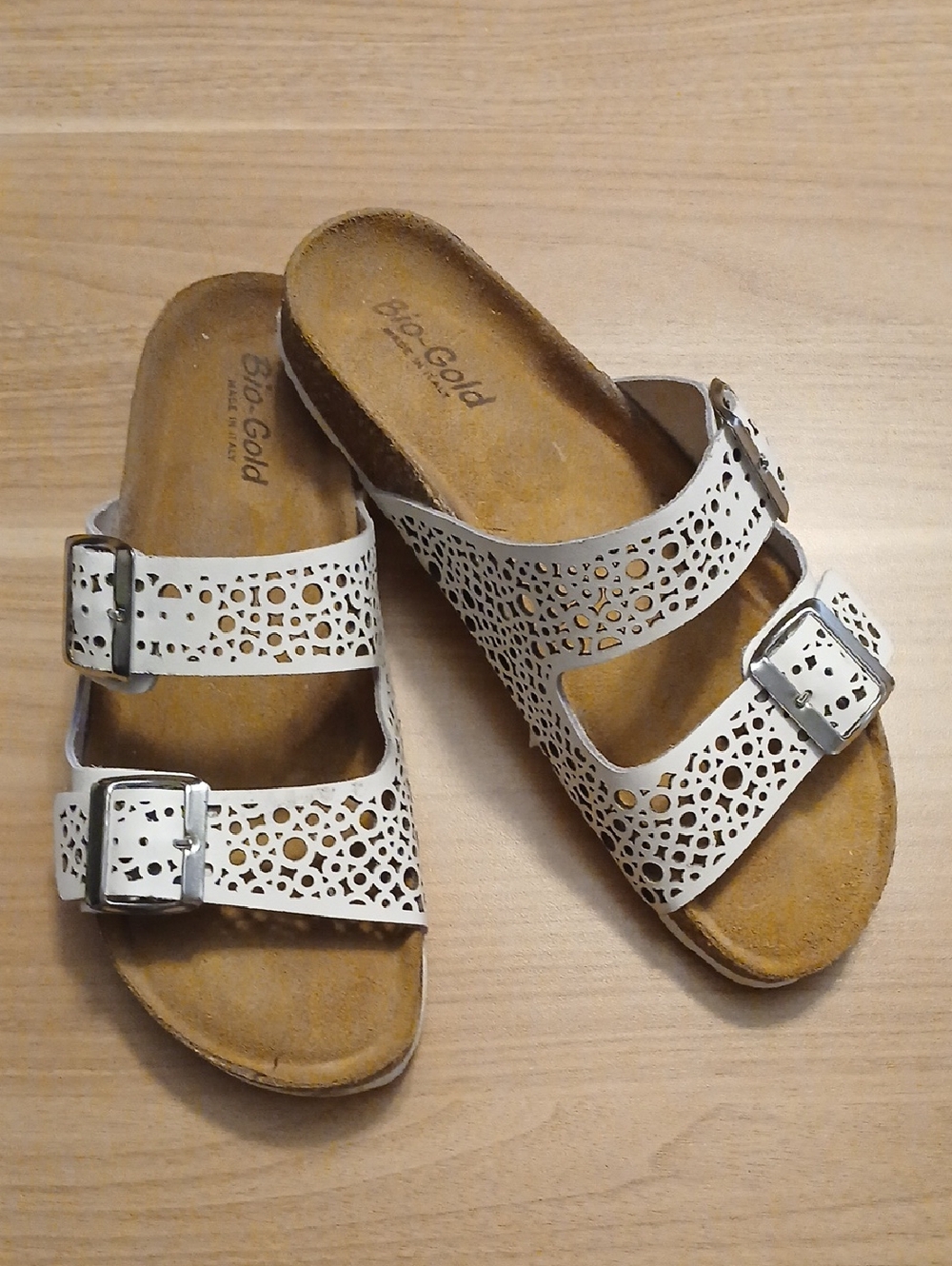 Bio-Gold Women's White Perforated Double Buckle Slide Sandals in Size 8